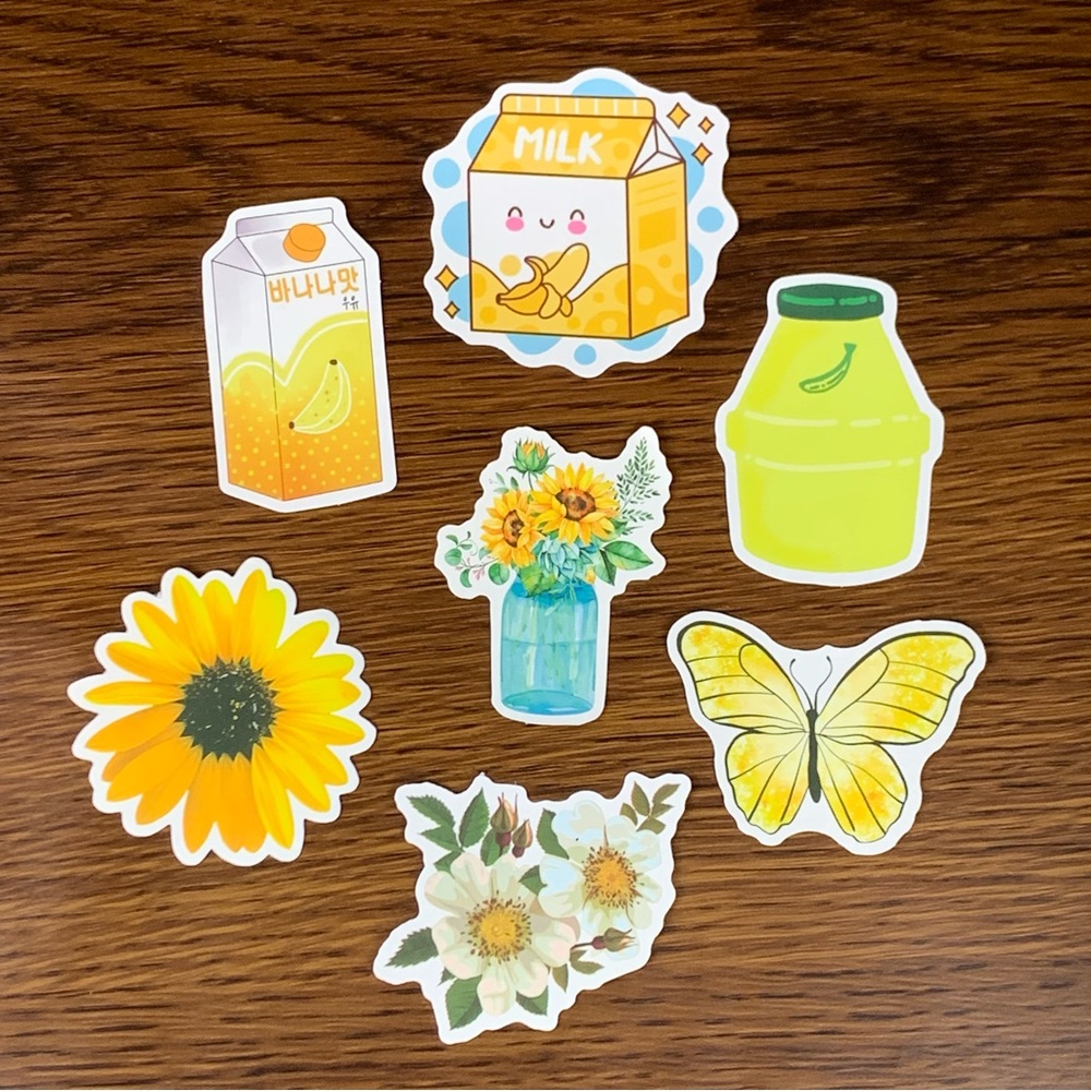 NEW Stickers Kawaii Banana Milk Drinks, Yellow Flowers, Butterfly, Craft, Art